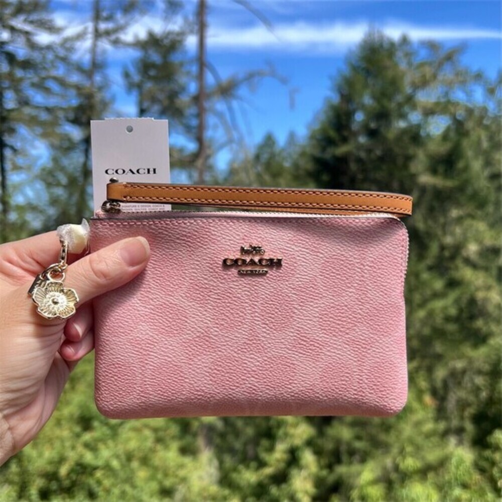 COACH Signature Canvas Powder Pink & Tea Rose Charm Wristlet Gold Hardware NWT